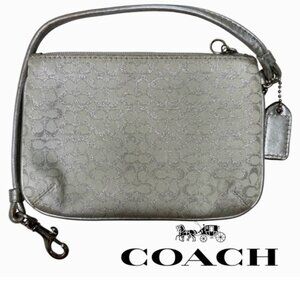 Coach Signature Jacquad Metallic (Silver) With Leather Trim Wristlet